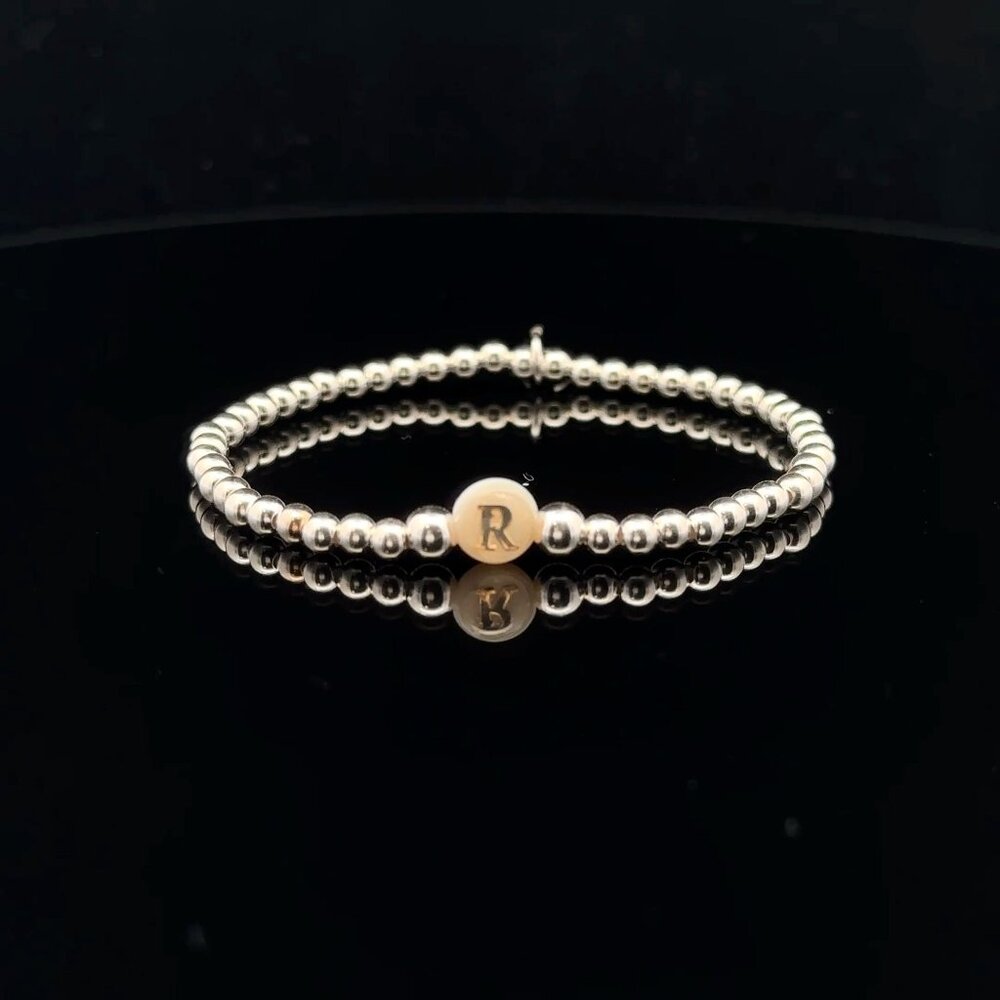 925 Sterling Silver Beaded Stretch Stacking Bracelet MOP Letter Initial R